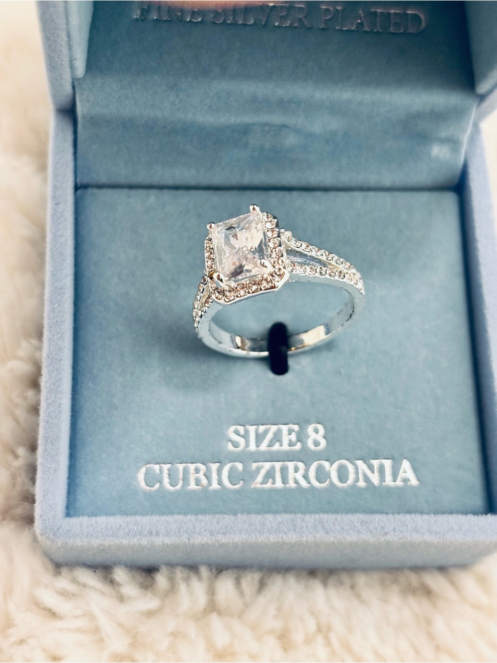 Fine Silver-Plated Emerald Cut Cubic Zirconia Ring New - Picture 1 of 15